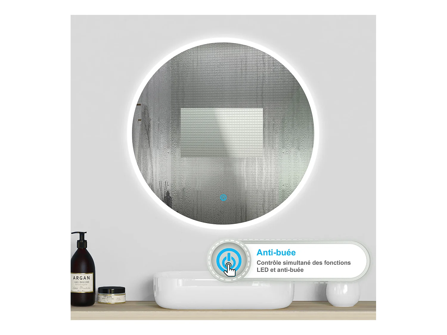 Aica Miroir lumineux rond, l.100 x H.100 cm, Miroir LED avec antibuée