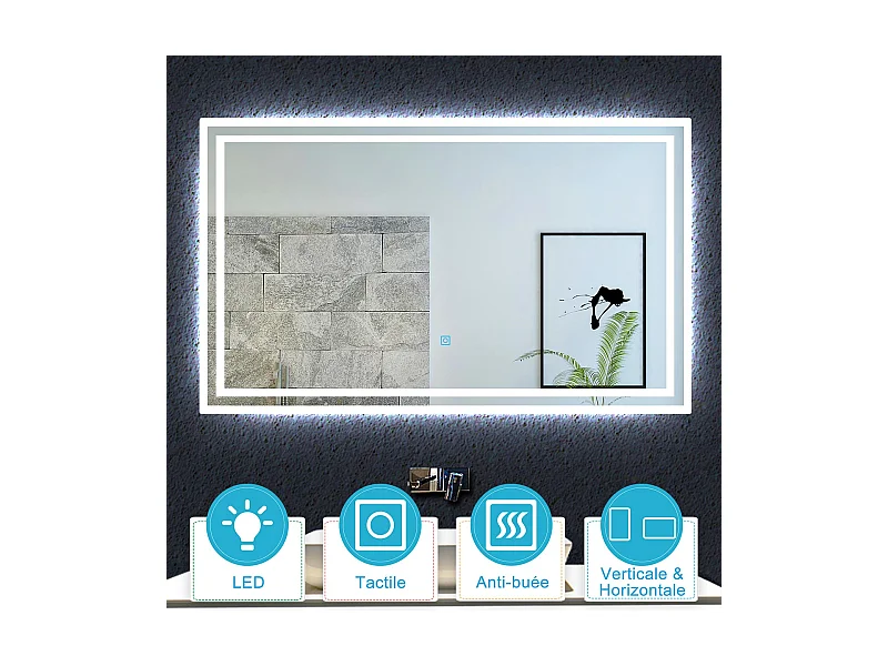 Aica Miroir lumineux avec éclairage intégré, Miroir de salle de bain avec anti-buée, Modèle double contour 90x70cm