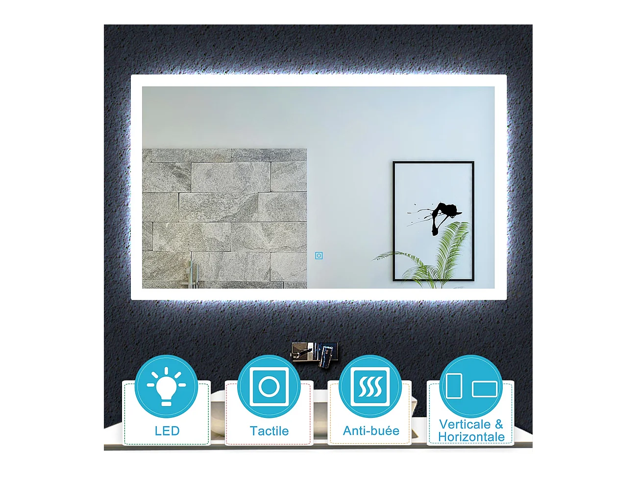 Aica Miroir lumineux avec éclairage intégré avec anti-buée, Modèle soleil 100x60cm