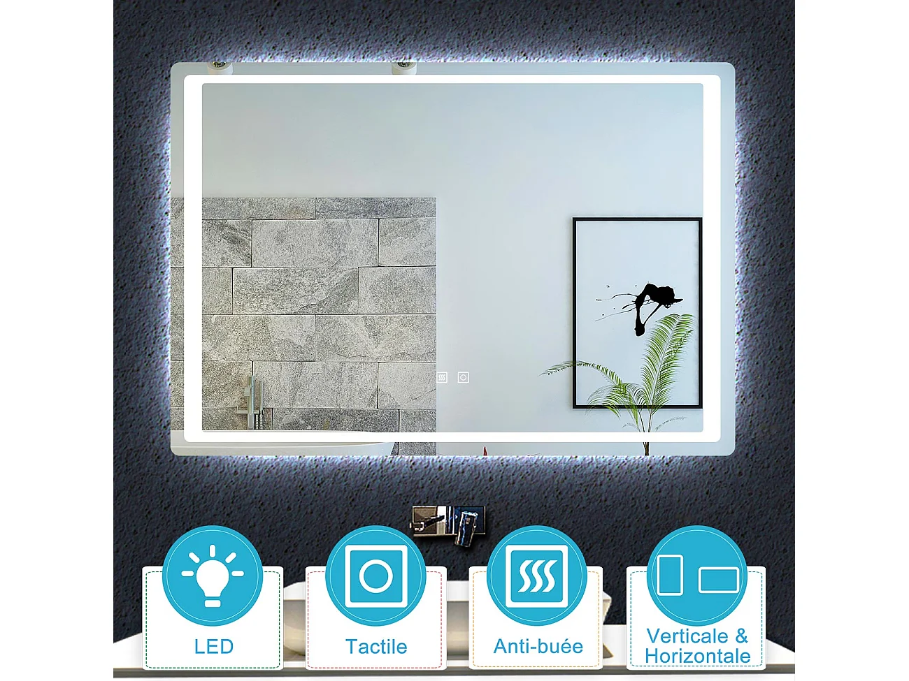 Aica Miroir Led 90x65cm Anti-buée Avec 2 Interrupteurs, Miroir De Salle De Bain Modèle Classique