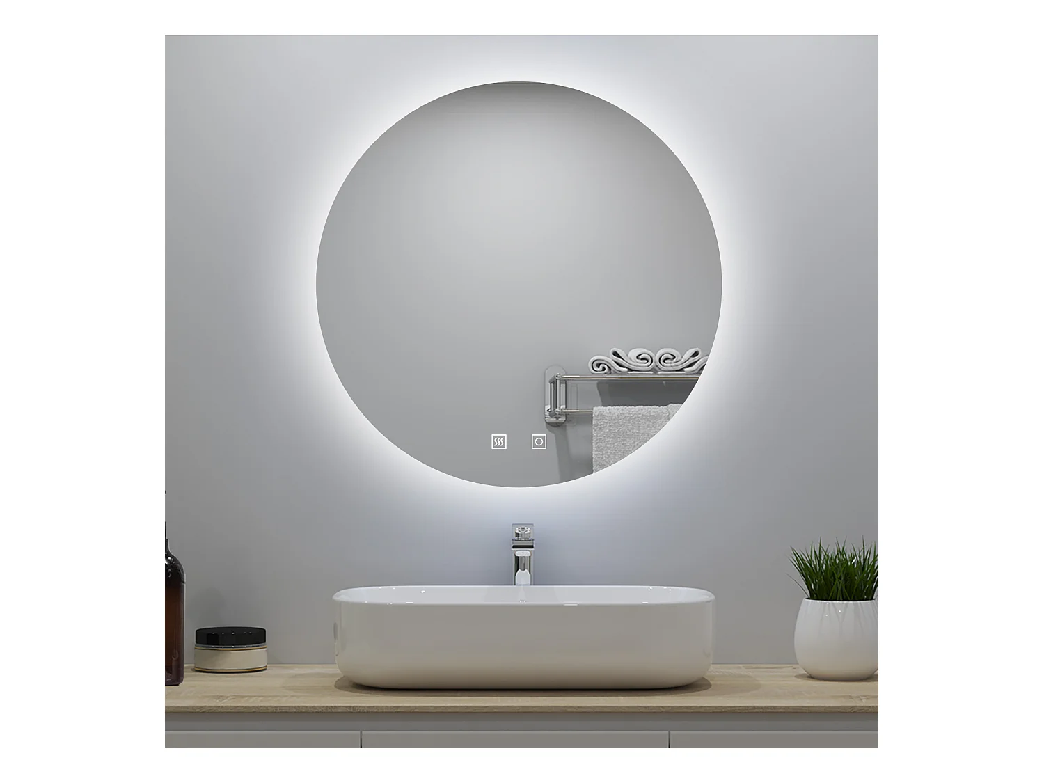 Miroir lumineux rond 70x70cm avec Anti-buée + 3 Couleurs + Dimmable, Mural Miroir salle de bain