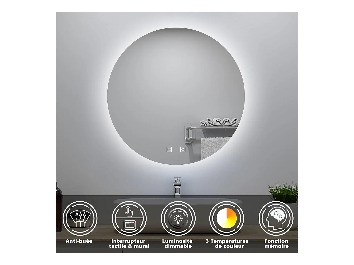 Miroir lumineux rond 70x70cm avec Anti-buée + 3 Couleurs + Dimmable, Mural Miroir salle de bain