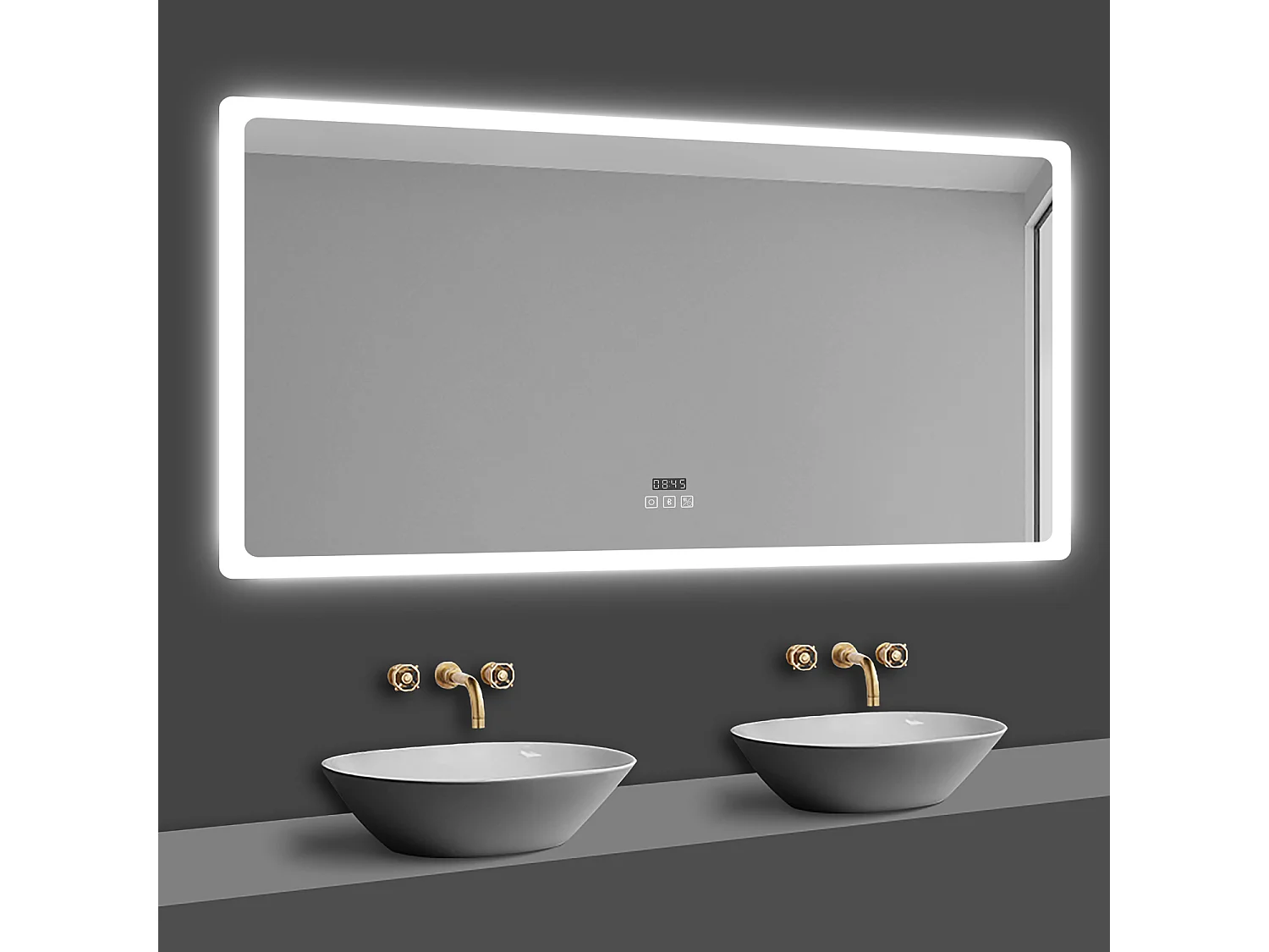 Miroir lumineux l.120 x H.70 cm avec Bluetooth + Anti-buée + 3 Couleurs + Horloge , Miroir de Salle de Bain LED, Mural Miroir