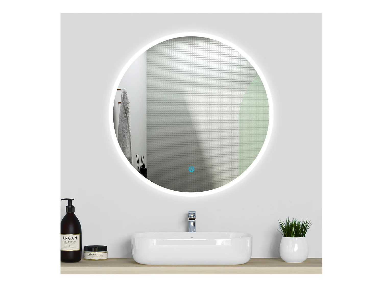 Aica Miroir lumineux rond, l.60 x H.60 cm, Miroir LED avec antibuée