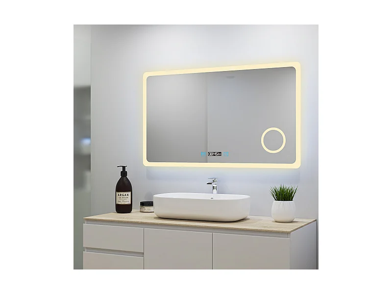 Aica Miroir Lumineux à LED Réglable 100x60cm, Miroir de salle de bain + antibuée + Miroir grossissant + Horloge numérique + 3 température de couleur