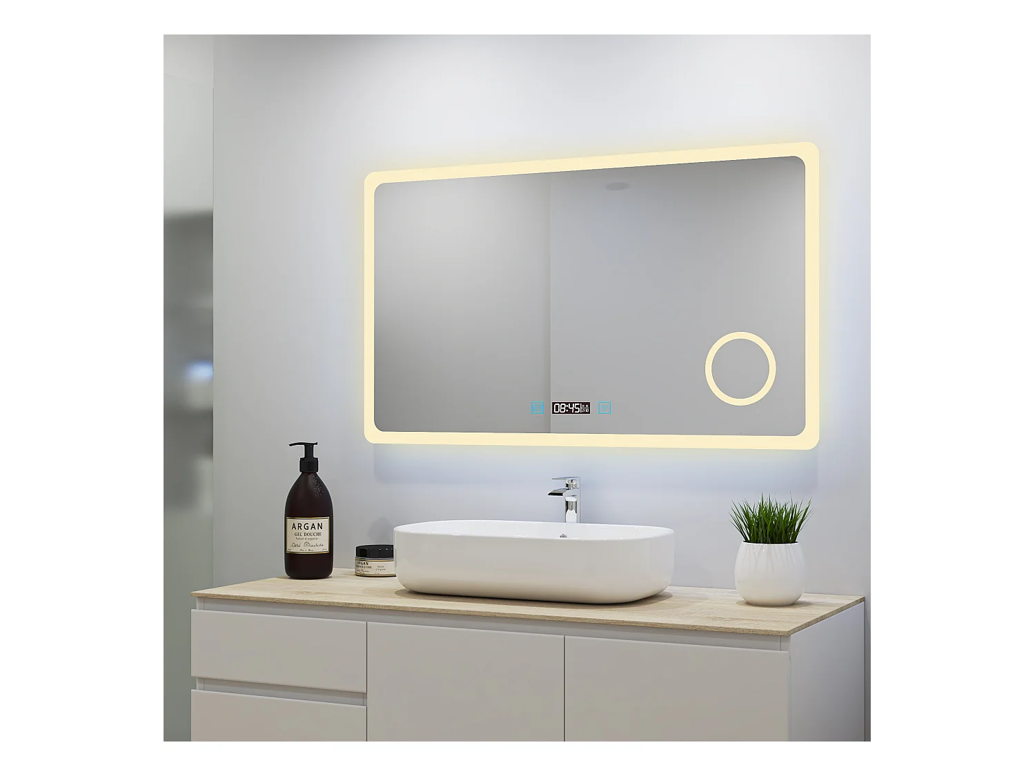 Aica Miroir Lumineux à LED Réglable 100x60cm, Miroir de salle de bain + antibuée + Miroir grossissant + Horloge numérique + 3 température de couleur