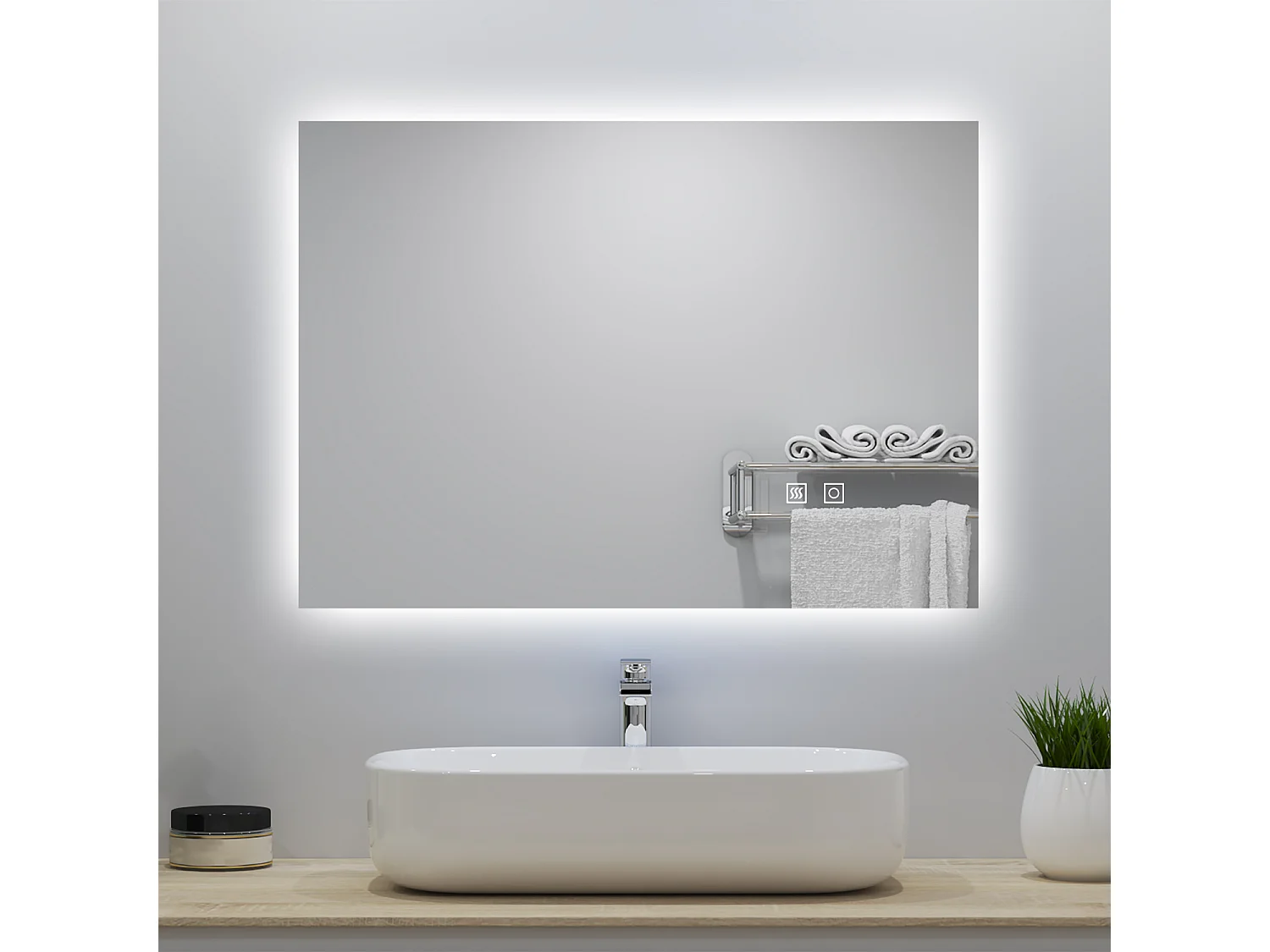 Miroir lumineux 70x50cm avec Anti-buée + 3 Couleurs + Dimmable, Mural Miroir salle de bain