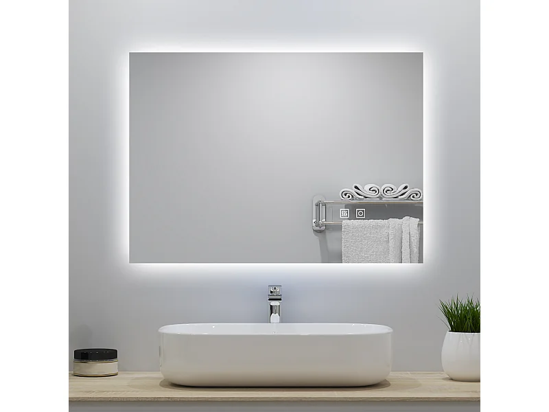 Miroir lumineux 70x50cm avec Anti-buée + 3 Couleurs + Dimmable, Mural Miroir salle de bain
