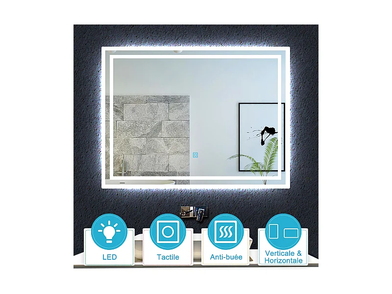 Aica Miroir lumineux avec éclairage intégré, Miroir de salle de bain avec anti-buée, Modèle double contour 80x60cm