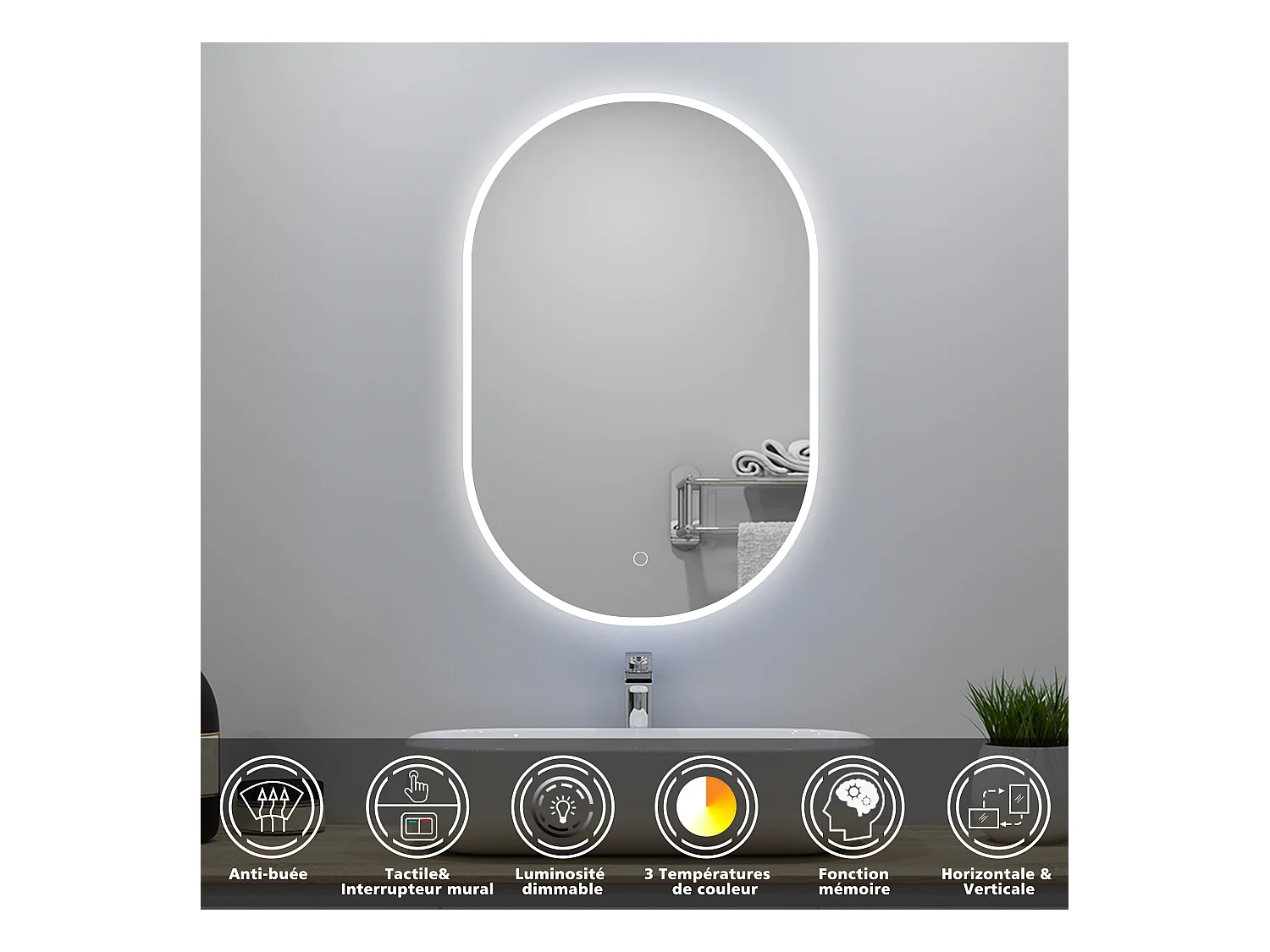 Miroir lumineux ovale l.50 x H.80cm avec Anti-buée + 3 Couleurs + Dimmable, Mural Miroir salle de bain