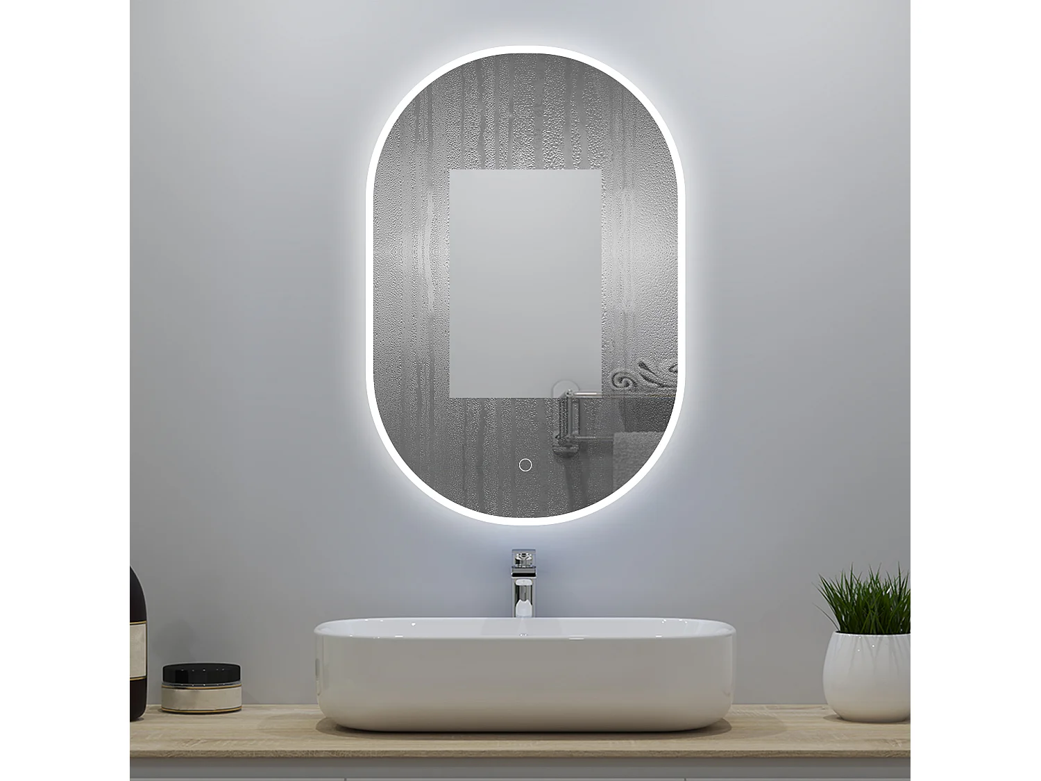 Miroir lumineux ovale l.50 x H.80cm avec Anti-buée + 3 Couleurs + Dimmable, Mural Miroir salle de bain