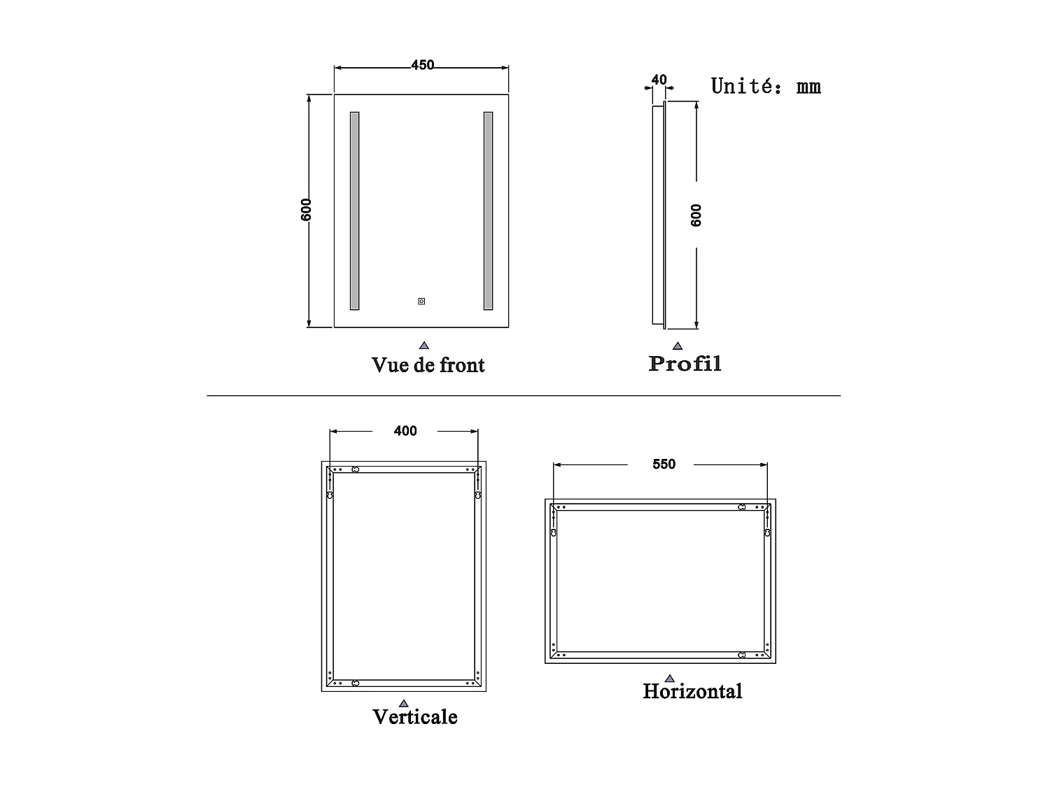 45x60cm Miroir de salle de bain, commutateur tactile, avec fonction LED et anti-buée, Modèle Baguette