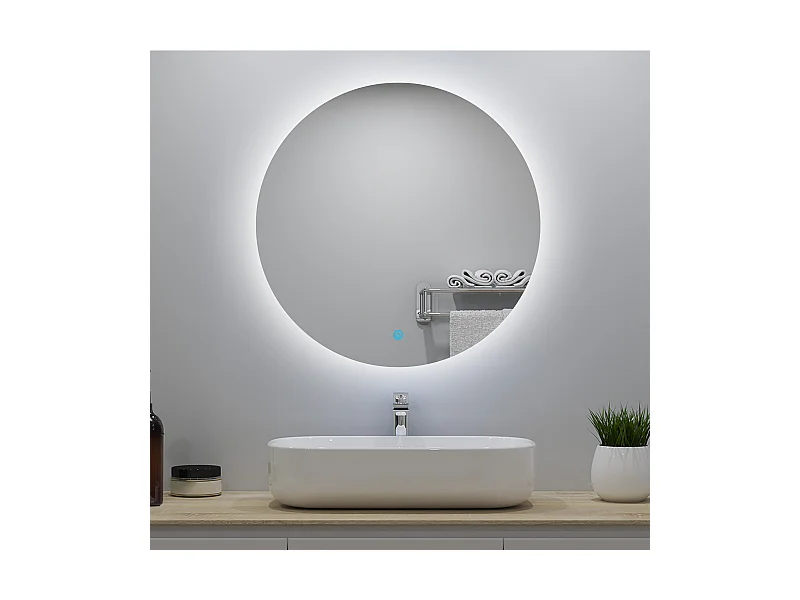 Miroir lumineux rond 90x90cm avec Anti-buée + Dimmable, Mural Miroir salle de bain