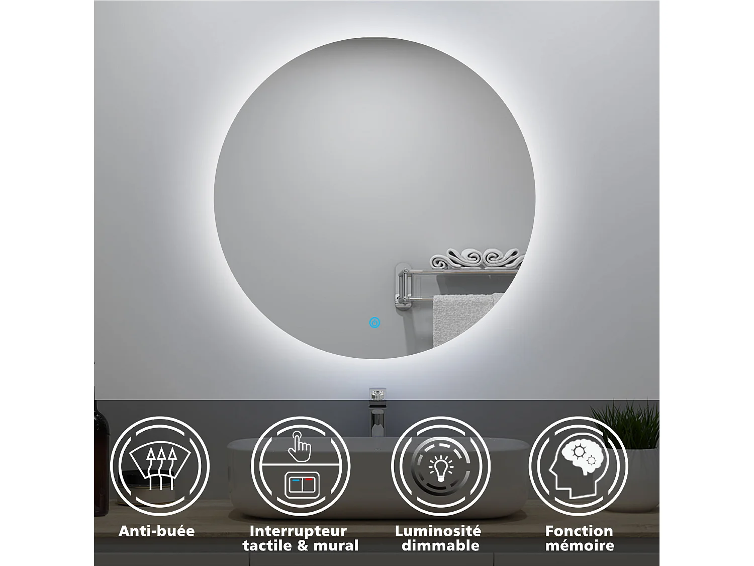 Miroir lumineux rond 90x90cm avec Anti-buée + Dimmable, Mural Miroir salle de bain