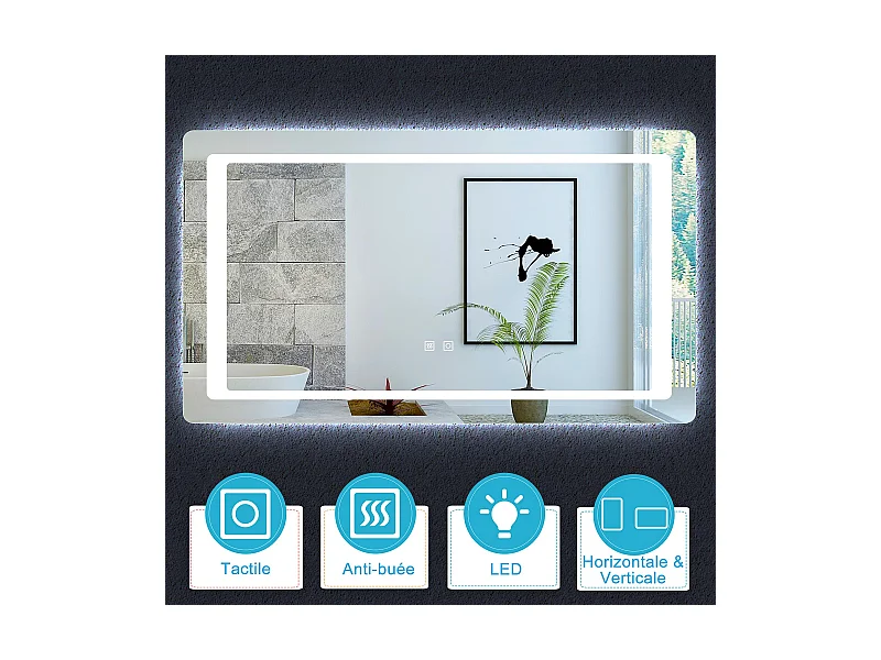 Aica Miroir Led 140x80cm Anti-buée Avec 2 Interrupteurs, Miroir De Salle De Bain Modèle Classique