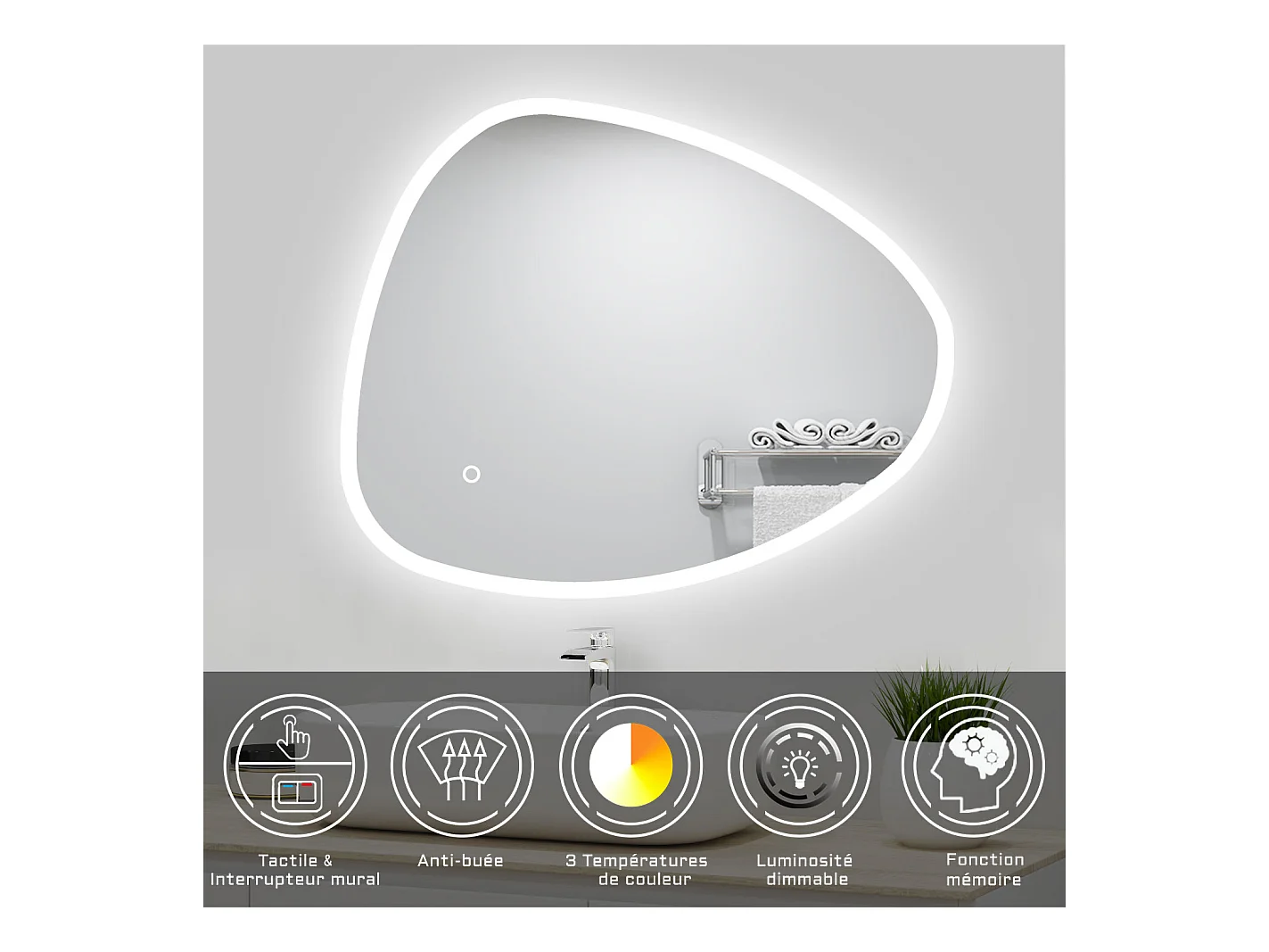 Miroir lumineux 120x80cm avec 3 Couleurs + Dimmable + Anti-buée
