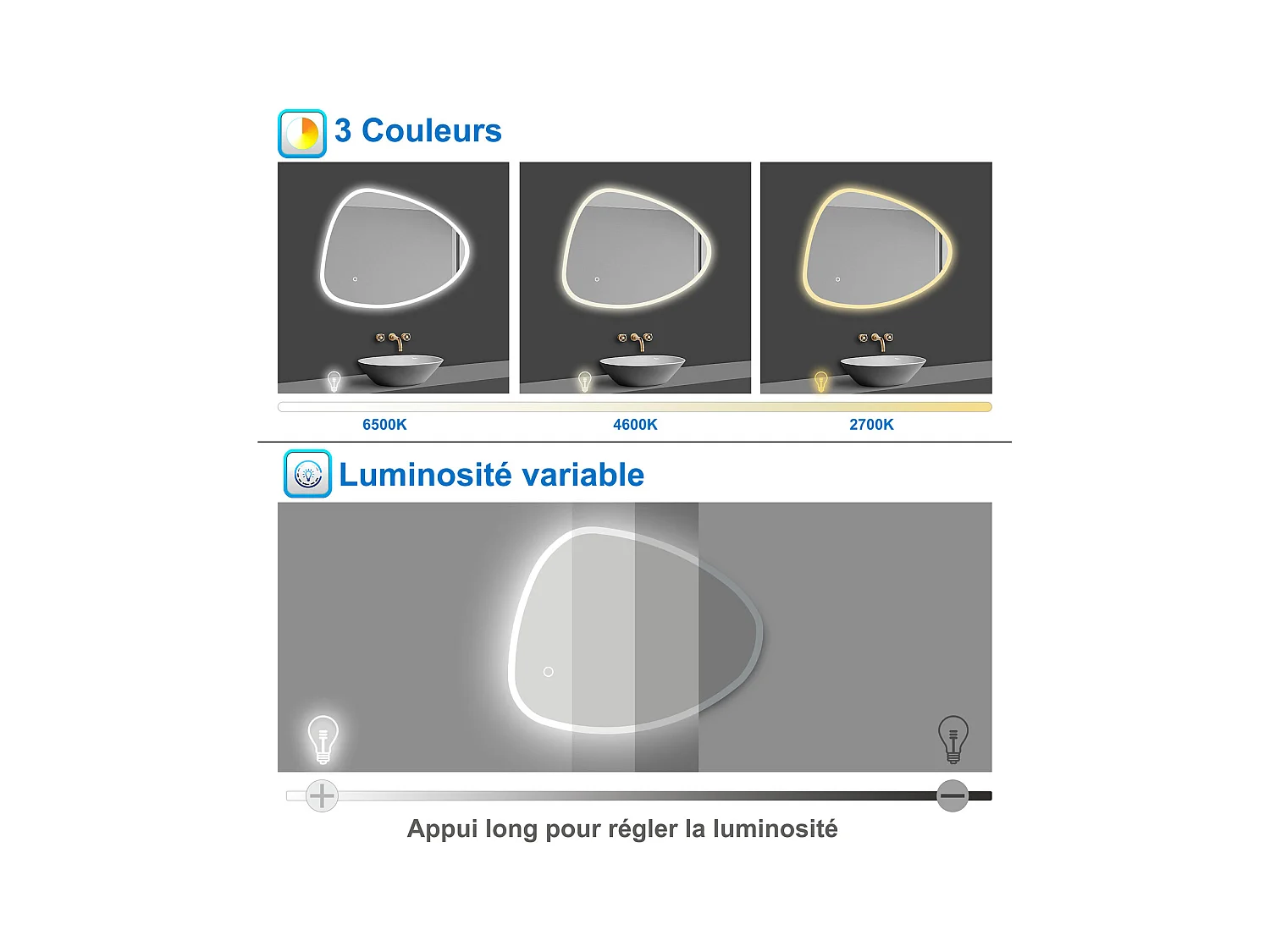 Miroir lumineux 120x80cm avec 3 Couleurs + Dimmable + Anti-buée