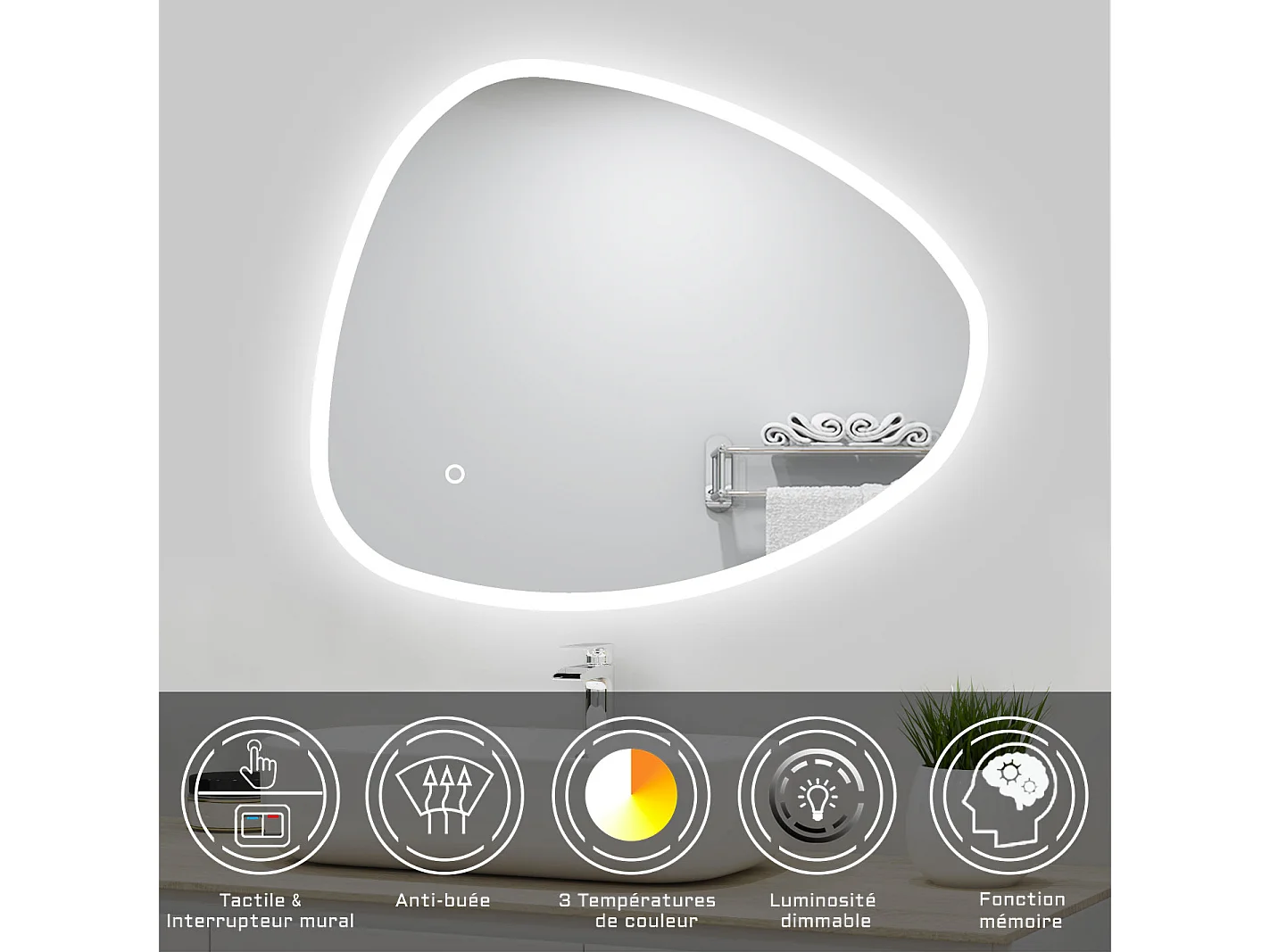 Miroir lumineux 120x80cm avec 3 Couleurs + Dimmable + Anti-buée