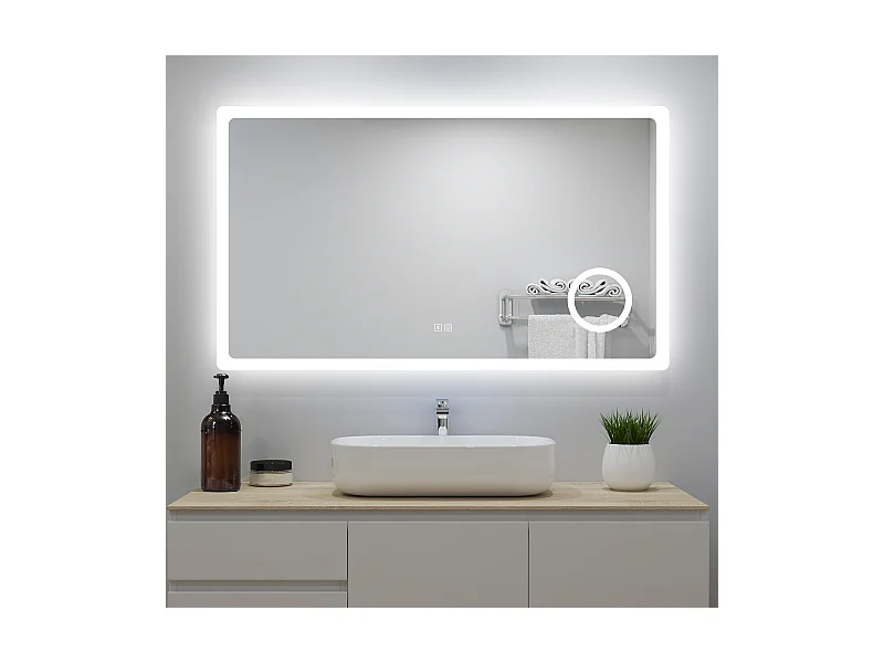 Miroir Lumineux avec Bluetooth 80 x 60cm,  Miroir de Salle de Bain LED avec 3 Couleurs + Anti-buée + grossissant 3x，Mural Miroir-Aica