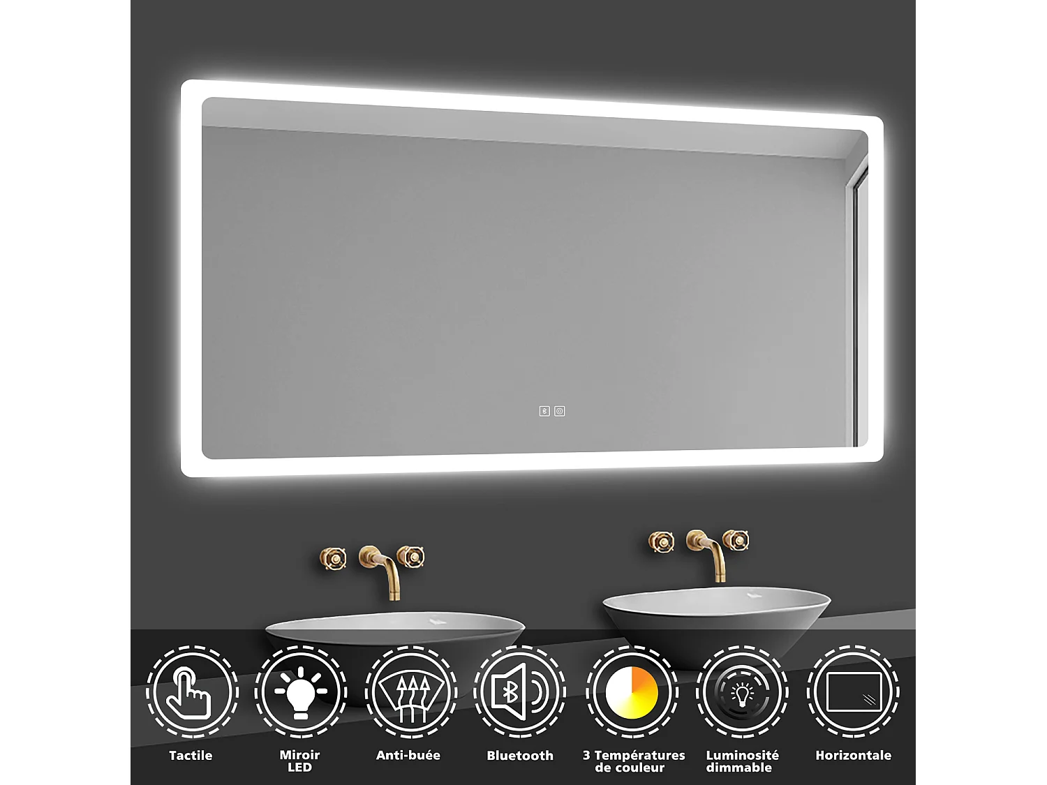 Miroir lumineux 50 x 70 cm avec Éclairage et Bluetooth, Miroir de Salle de Bain Mural LED Anti-Buée, Dimmable à 3 Couleurs de Lumière