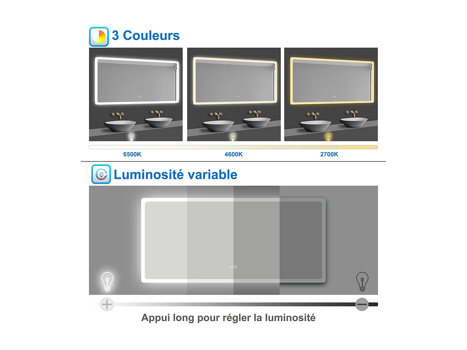 Miroir lumineux 50 x 70 cm avec Éclairage et Bluetooth, Miroir de Salle de Bain Mural LED Anti-Buée, Dimmable à 3 Couleurs de Lumière