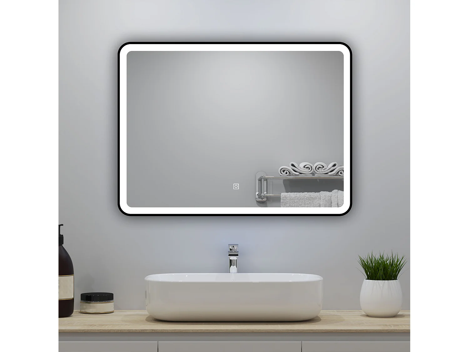 Miroir lumineux 80x60cm avec Anti-buée + 3 Couleurs + Dimmable, Miroir salle de bain