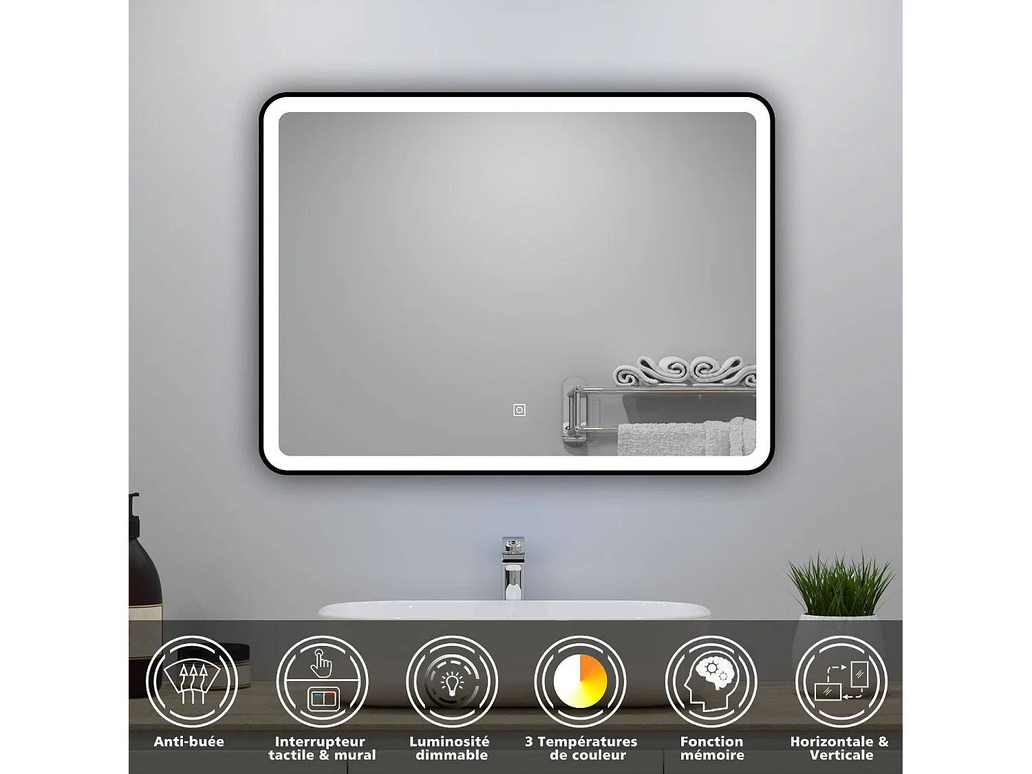 Miroir lumineux 80x60cm avec Anti-buée + 3 Couleurs + Dimmable, Miroir salle de bain