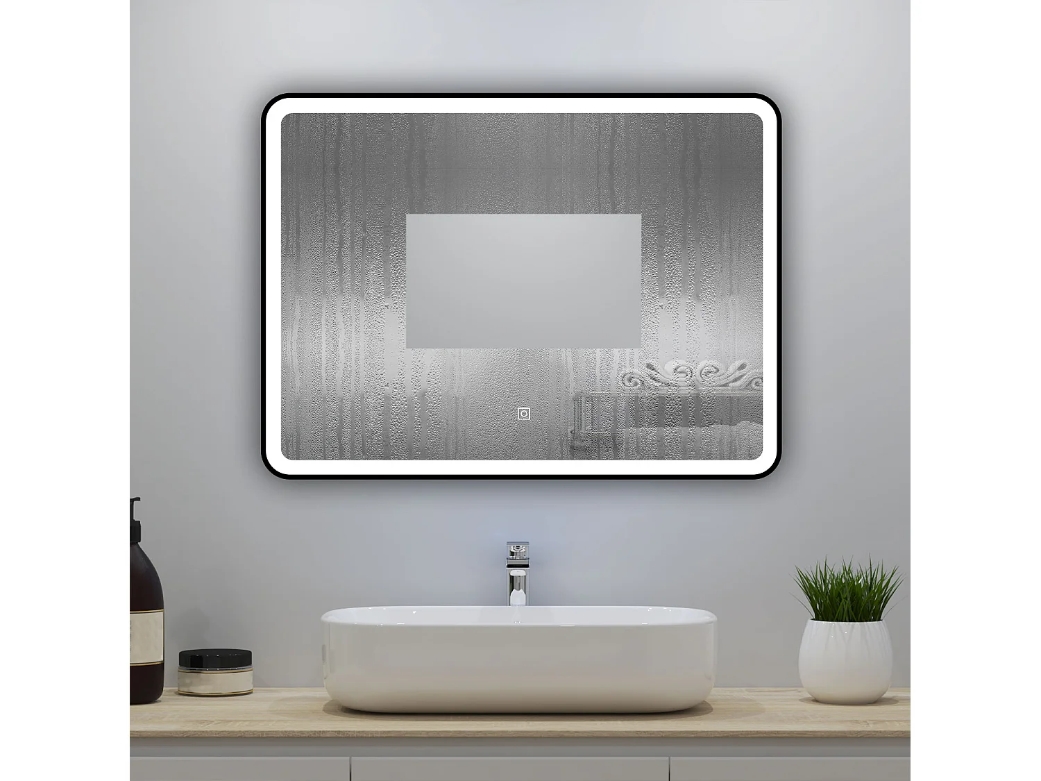 Miroir lumineux 80x60cm avec Anti-buée + 3 Couleurs + Dimmable, Miroir salle de bain