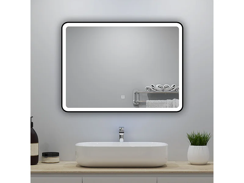 Miroir lumineux 80x60cm avec Anti-buée + 3 Couleurs + Dimmable, Miroir salle de bain