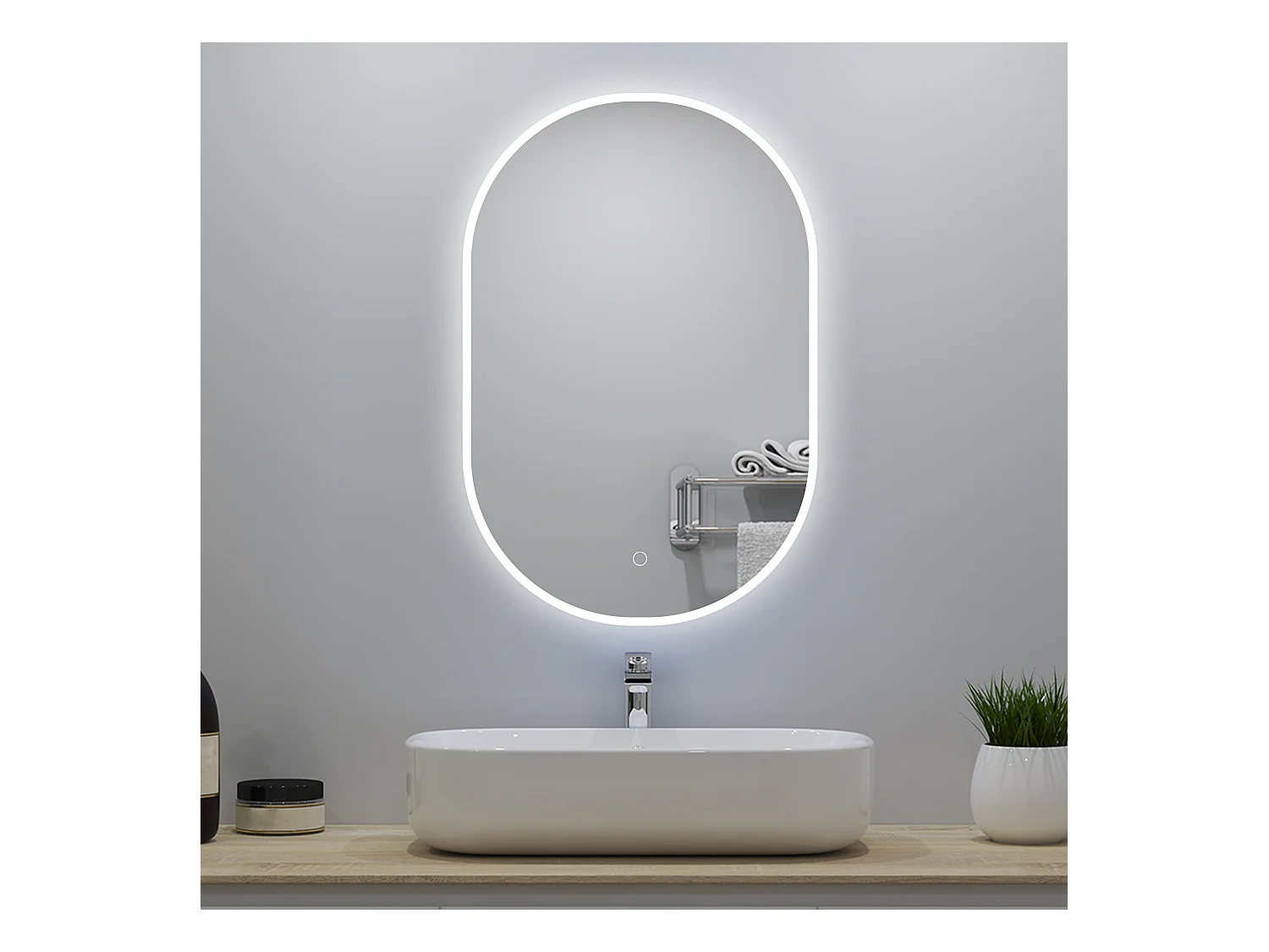 Miroir lumineux ovale l.100 x H.60cm avec Anti-buée + 3 Couleurs + Dimmable, Mural Miroir salle de bain