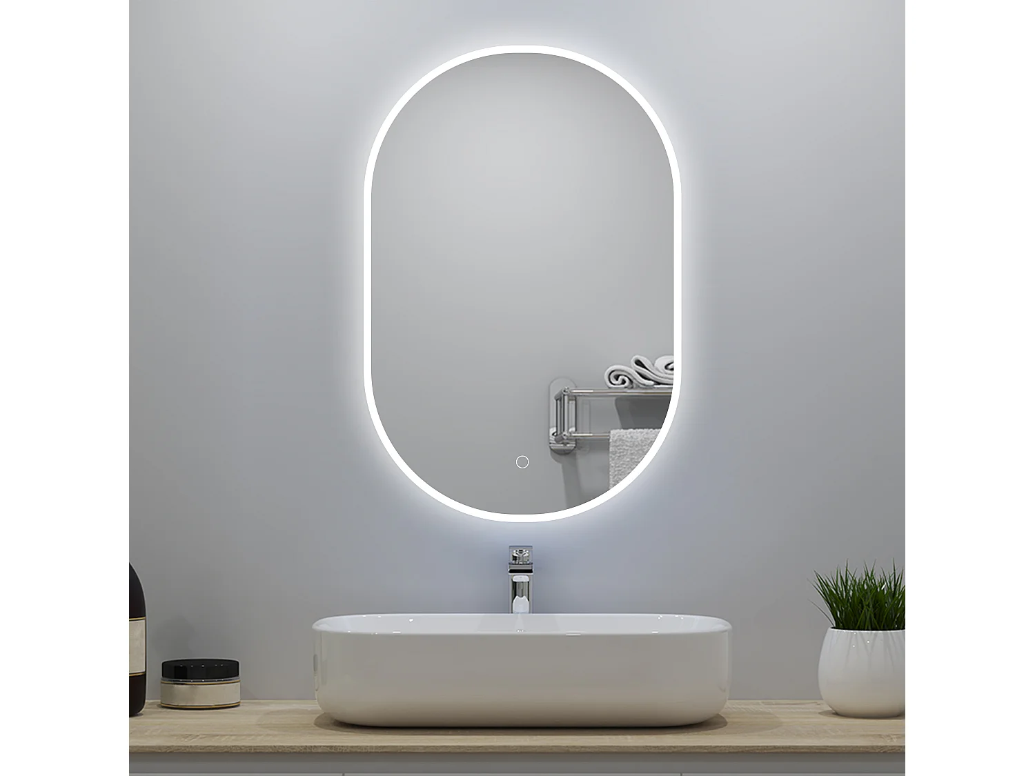 Miroir lumineux ovale l.100 x H.60cm avec Anti-buée + 3 Couleurs + Dimmable, Mural Miroir salle de bain