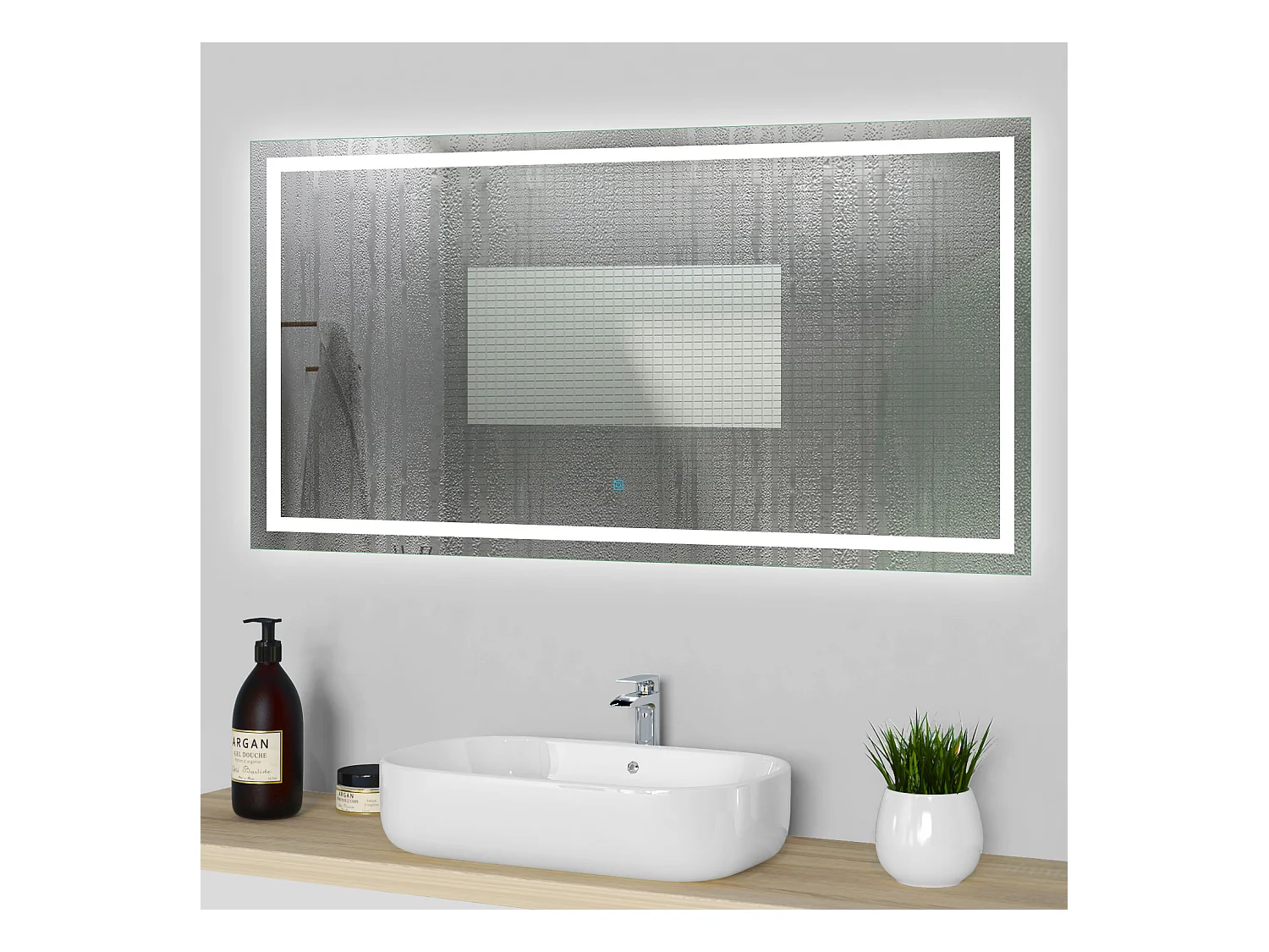 Miroir lumineux l.100 x H.80cm avec Anti-buée, Mural Miroir salle de bain - Aica