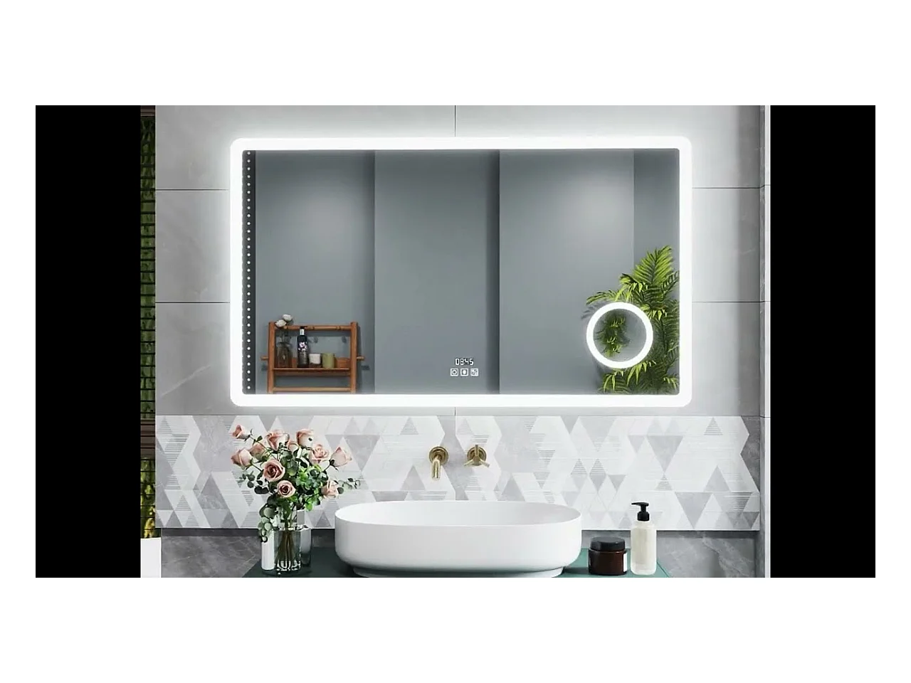 Miroir lumineux, l.120 x H.70cm Miroir Grossissant 3x avec Bluetooth + Horloge + 3 Couleurs + Dimmable + Anti-buée, Miroir de Salle de Bain LED