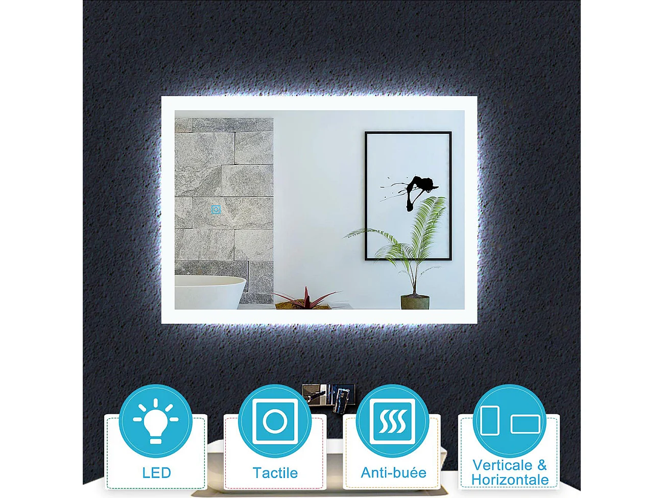 Aica Miroir lumineux avec éclairage intégré avec anti-buée, Modèle soleil 70x50cm