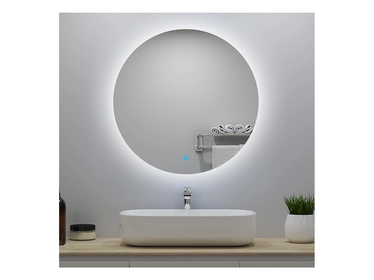 Miroir lumineux rond 70x70cm avec Anti-buée + Dimmable, Mural Miroir salle de bain