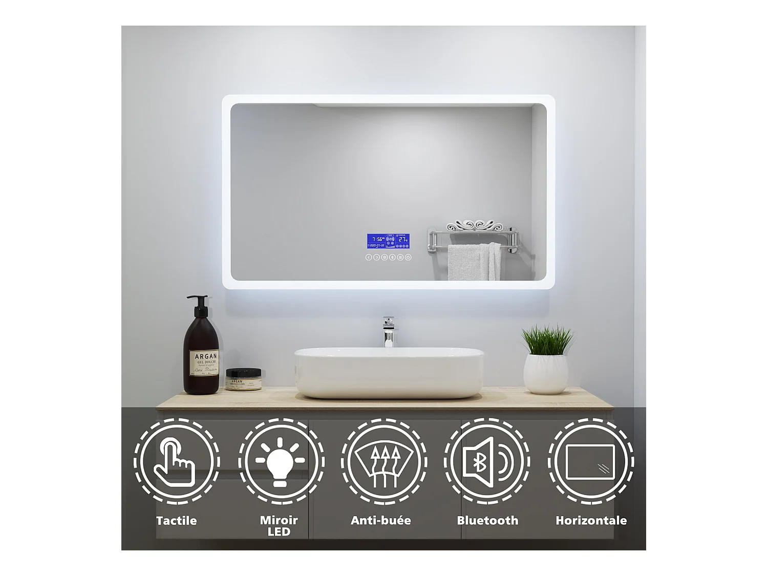 Aica Miroir Lumineux à LED Réglable Intelligent 80x60cm, Miroir de salle de bain avec éclairage intégré + antibuée + Miroir grossissant + Bluetooth