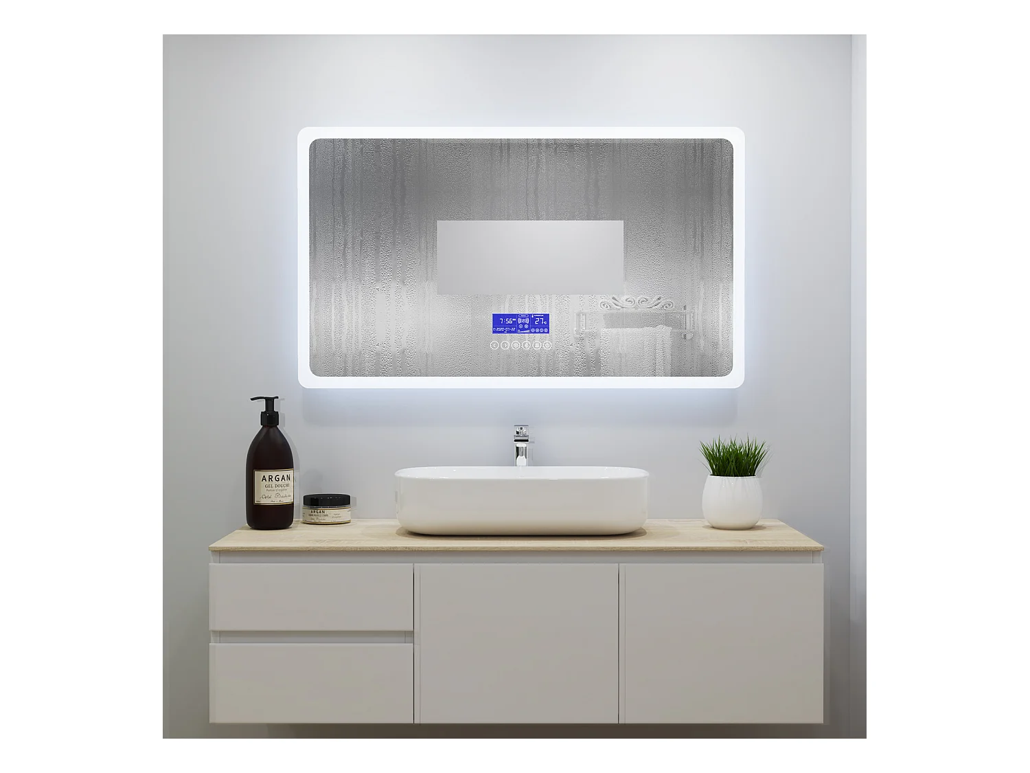 Aica Miroir Lumineux à LED Réglable Intelligent 80x60cm, Miroir de salle de bain avec éclairage intégré + antibuée + Miroir grossissant + Bluetooth
