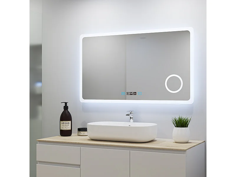 Aica Miroir Lumineux à LED Réglable Intelligent 80x60cm, Miroir de salle de bain avec éclairage intégré + antibuée + Miroir grossissant + Bluetooth