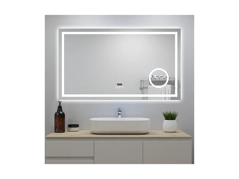 Aica Miroir Lumineux avec Bluetooth 120 x 70cm, Horloge + 3 Couleurs + Dimmable + Anti-buée + grossissant 3x，Mural Miroir Salle de Bain