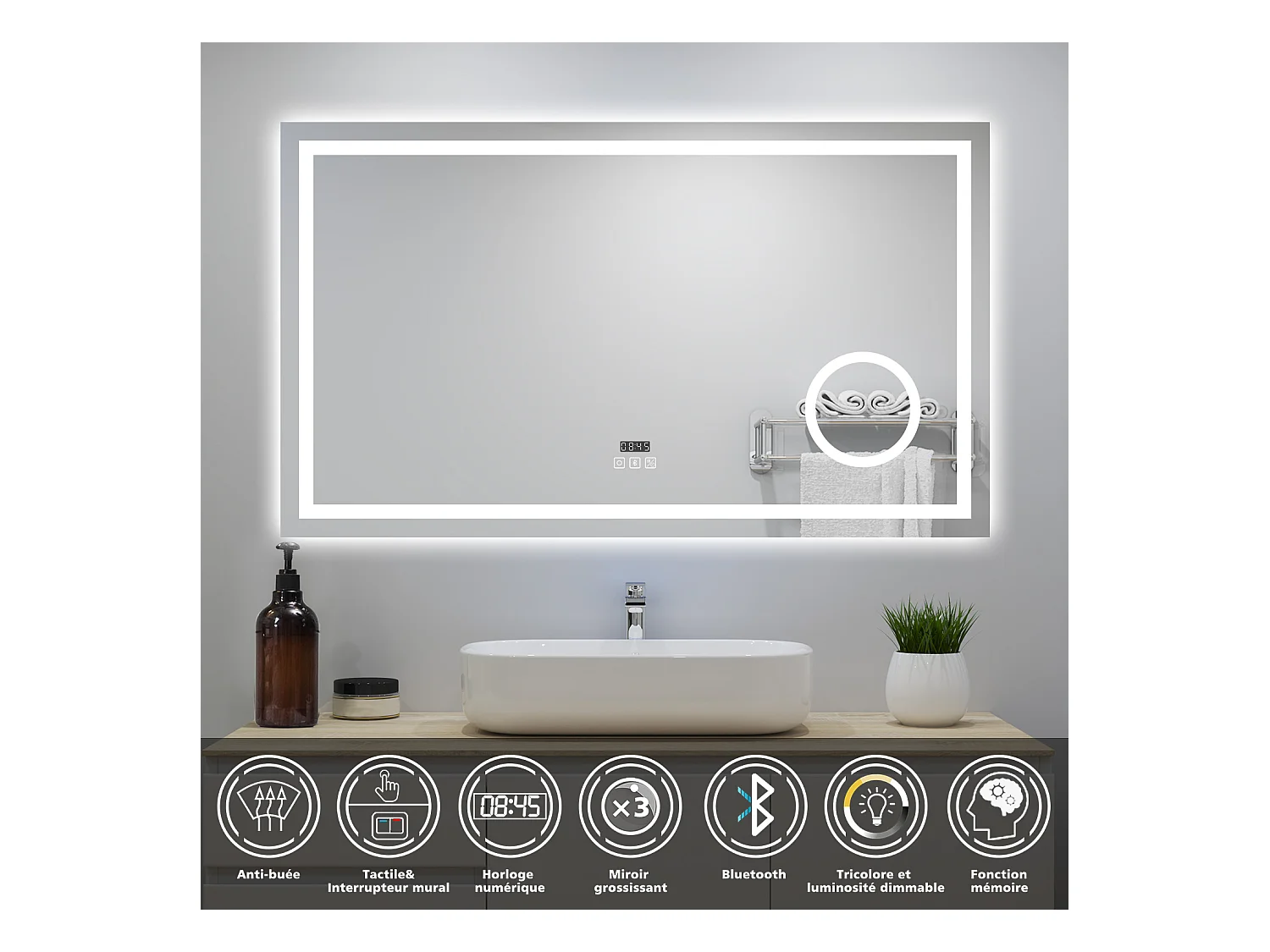Aica Miroir Lumineux avec Bluetooth 120 x 70cm, Horloge + 3 Couleurs + Dimmable + Anti-buée + grossissant 3x，Mural Miroir Salle de Bain