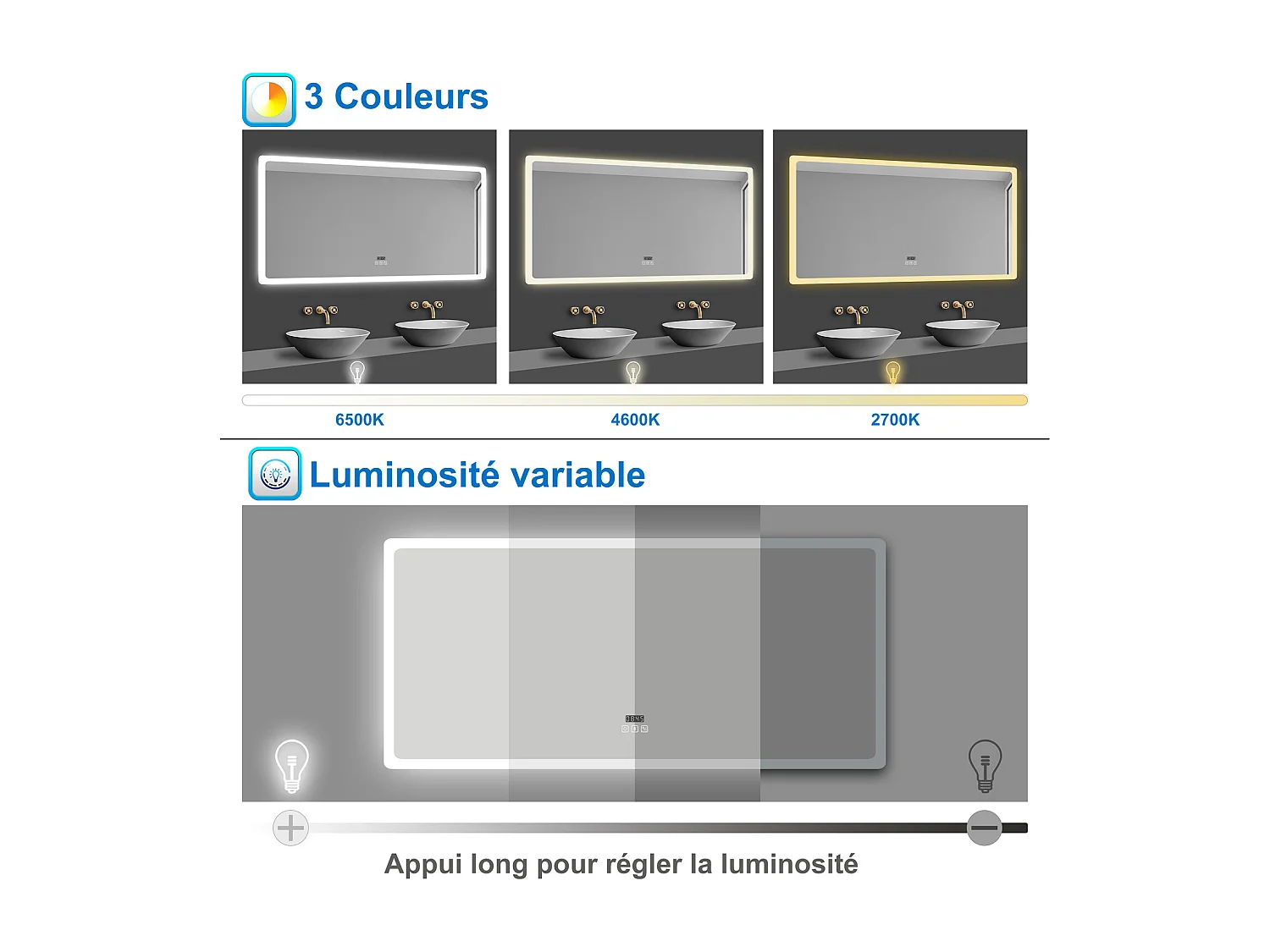 Miroir lumineux l.140 x H.80 cm avec Bluetooth + Anti-buée + 3 Couleurs + Horloge , Miroir de Salle de Bain LED, Mural Miroir