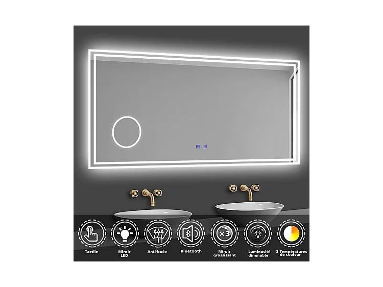 Miroir lumineux grossissant 3x, l.80 x H.60 cm, Miroir de Salle de Bain LED avec Bluetooth + 3 Couleurs + Anti-buée, Mural Miroir éclairé