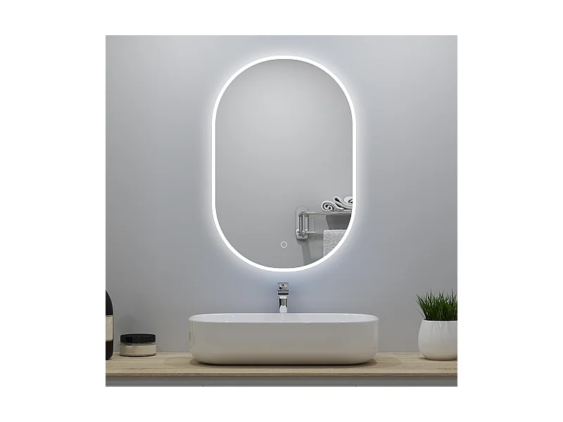 Miroir lumineux ovale l.90 x H.50cm avec Anti-buée + 3 Couleurs + Dimmable, Mural Miroir salle de bain