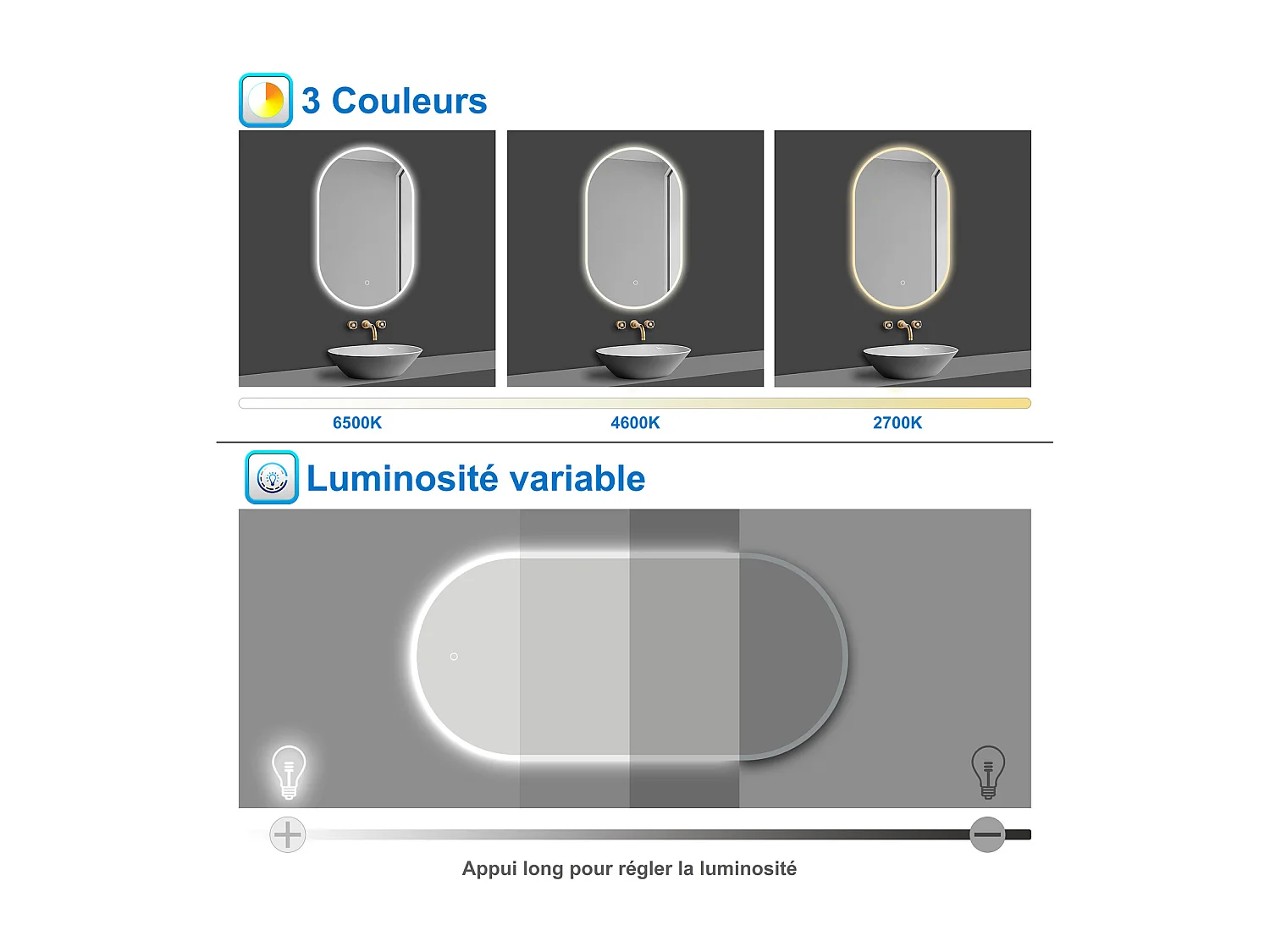 Miroir lumineux ovale l.90 x H.50cm avec Anti-buée + 3 Couleurs + Dimmable, Mural Miroir salle de bain