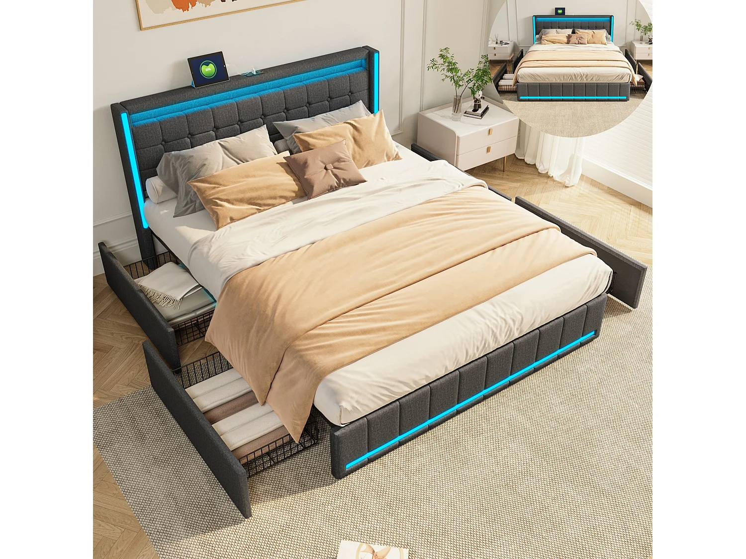 Lit Double 140x200cm avec Éclairage LED et Charge USB,lit 2 Personnes avec 4 Tiroirs,Lit de Tiroir Facile à Assembler,Lin,sans Matelas, Gris Foncé