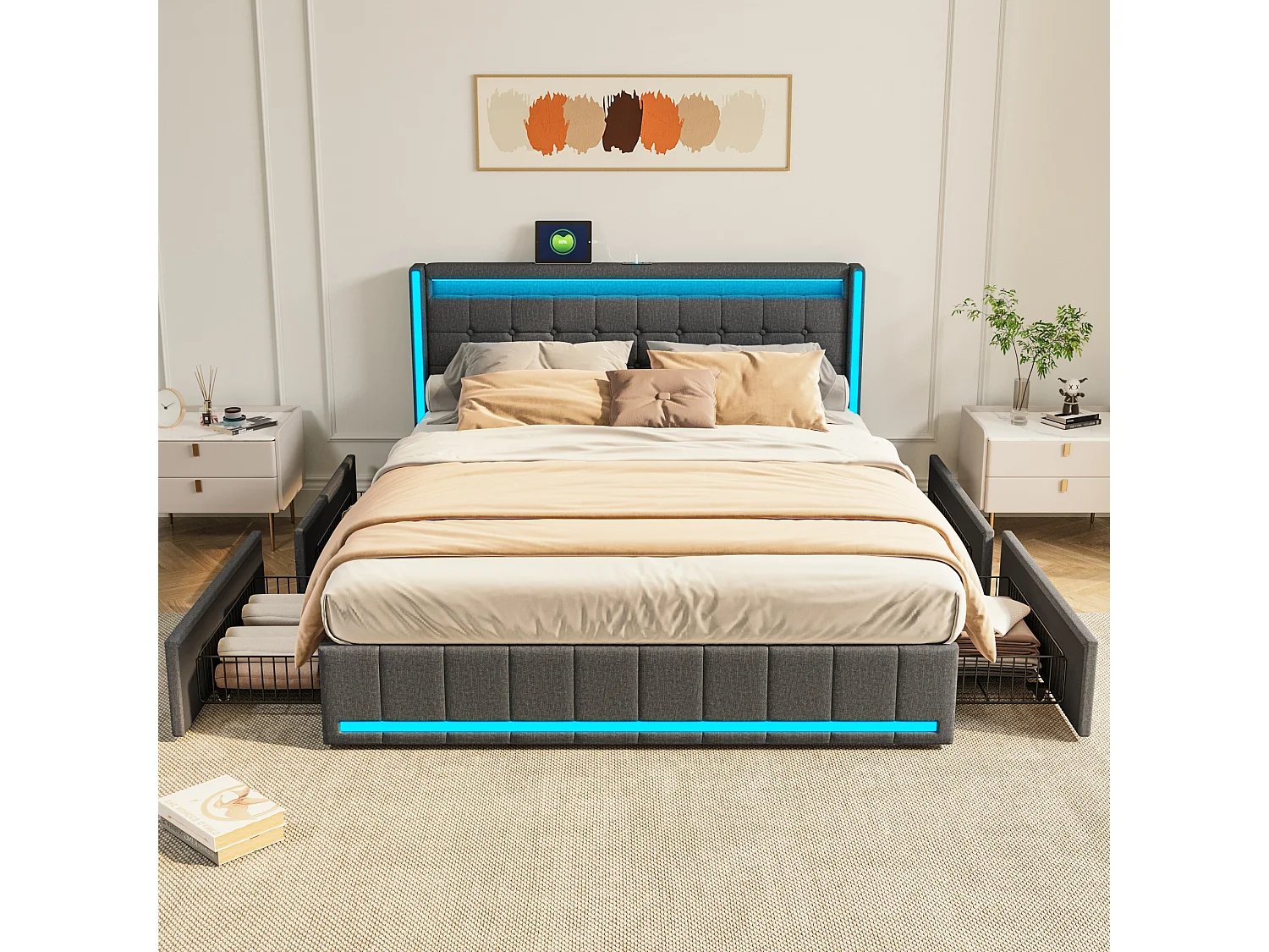 Lit Double 140x200cm avec Éclairage LED et Charge USB,lit 2 Personnes avec 4 Tiroirs,Lit de Tiroir Facile à Assembler,Lin,sans Matelas, Gris Foncé