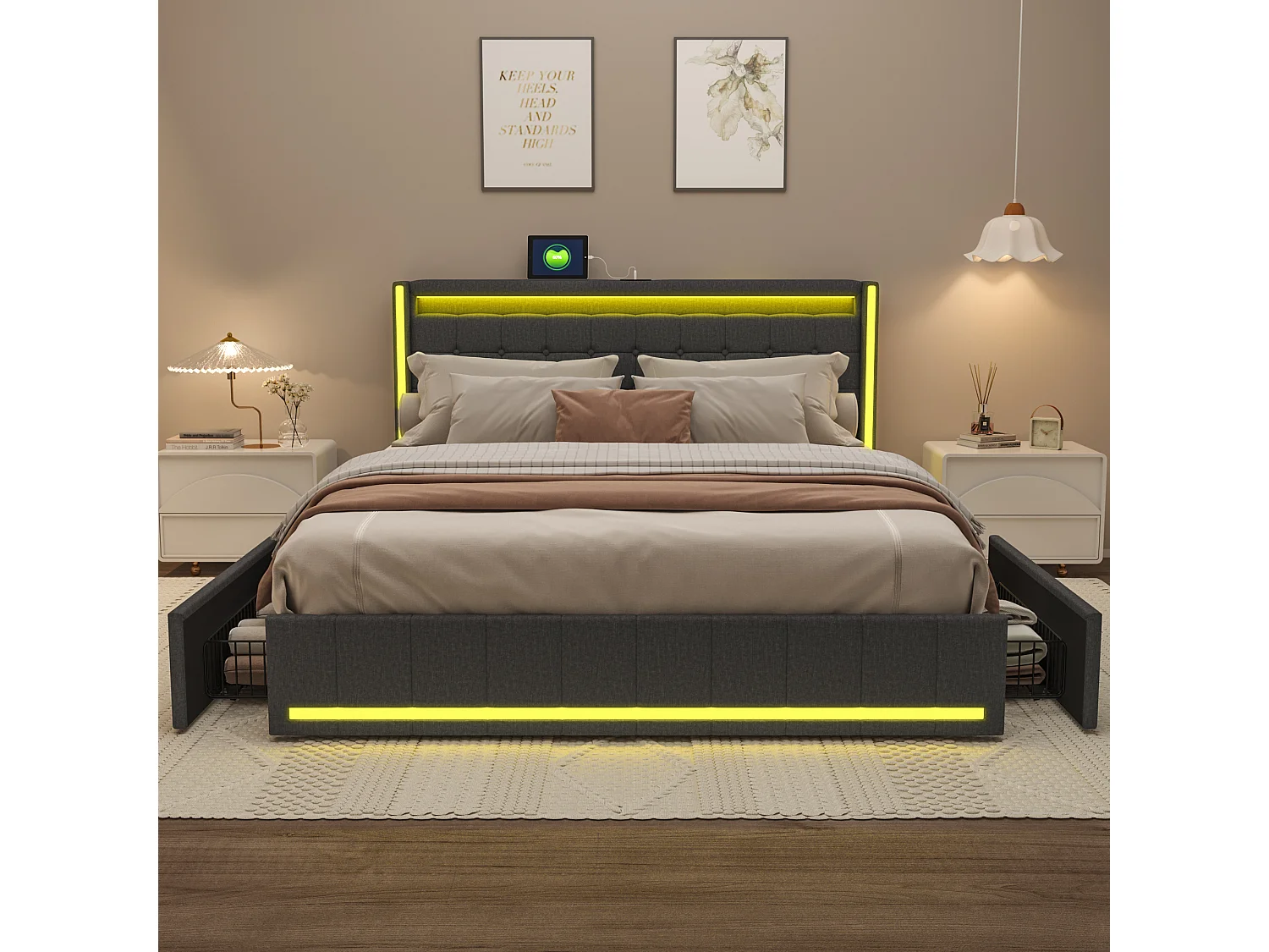 Lit Double 140x200cm avec Éclairage LED et Charge USB,lit 2 Personnes avec 4 Tiroirs,Lit de Tiroir Facile à Assembler,Lin,sans Matelas, Gris Foncé