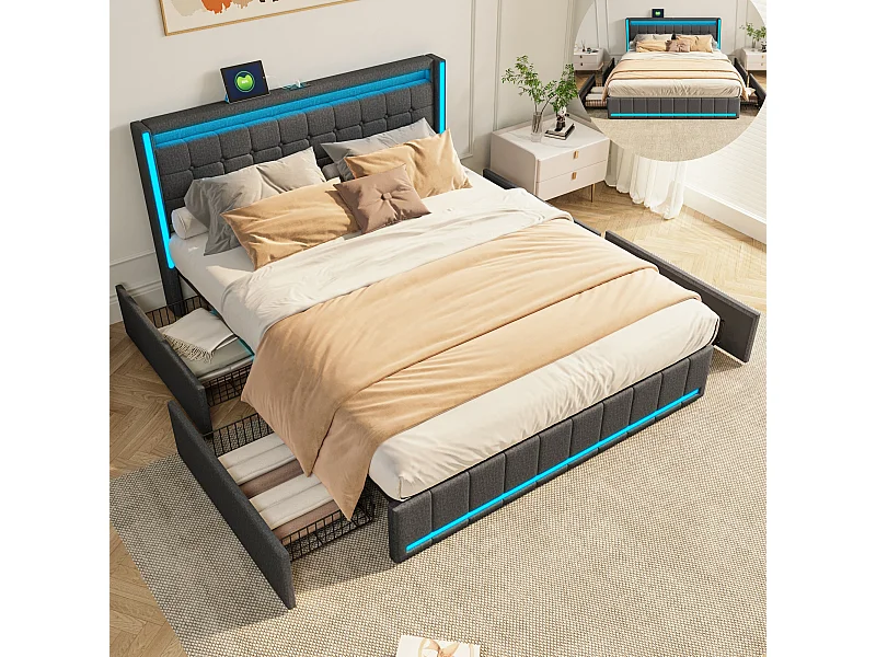 Lit Double 140x200cm avec Éclairage LED et Charge USB,lit 2 Personnes avec 4 Tiroirs,Lit de Tiroir Facile à Assembler,Lin,sans Matelas, Gris Foncé