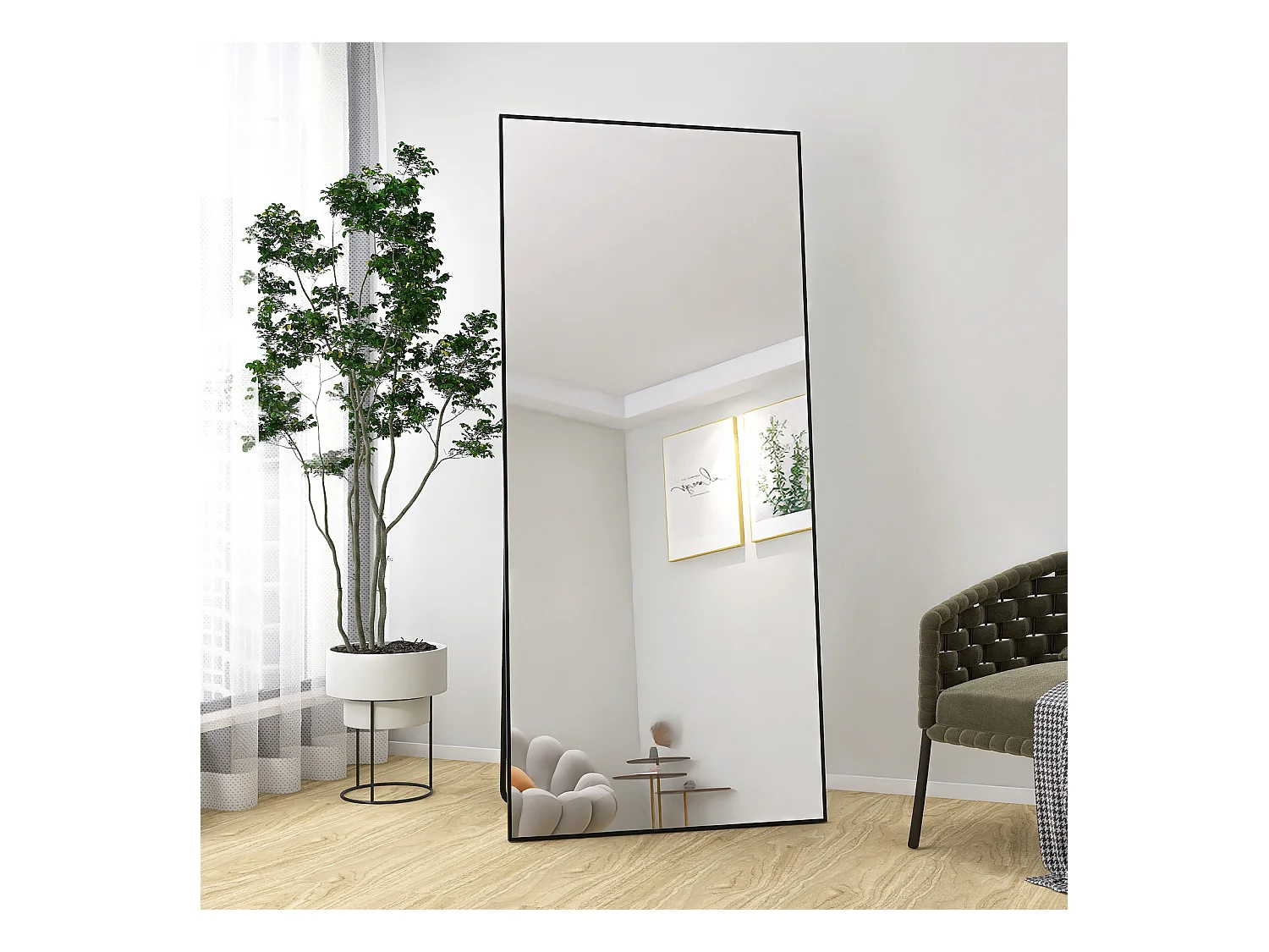 Miroir sur pied - Cadre en métal - 180 x 80 cm - rectangle - pour salon ou dressing - noir