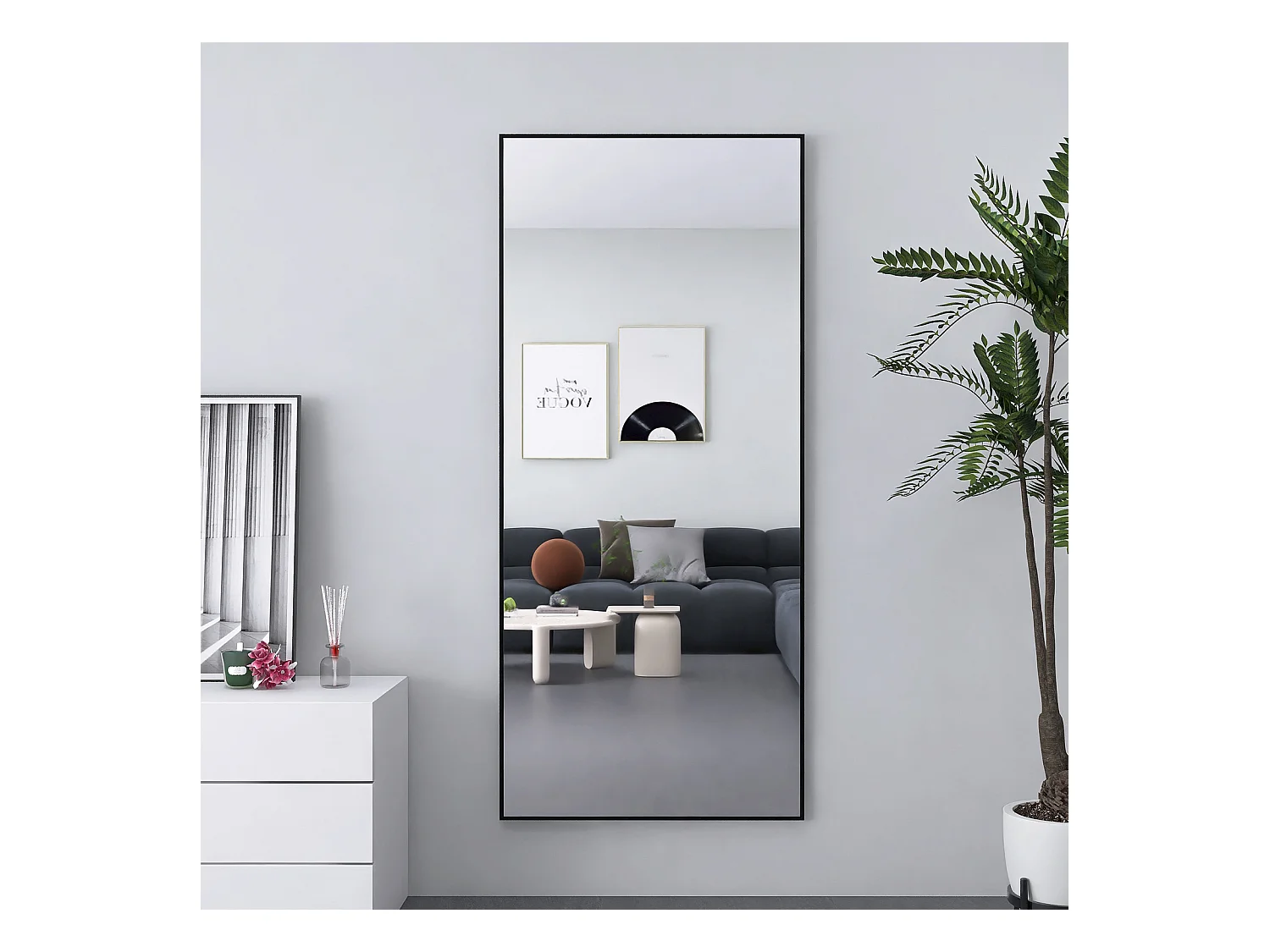 Miroir sur pied - Cadre en métal - 180 x 80 cm - rectangle - pour salon ou dressing - noir